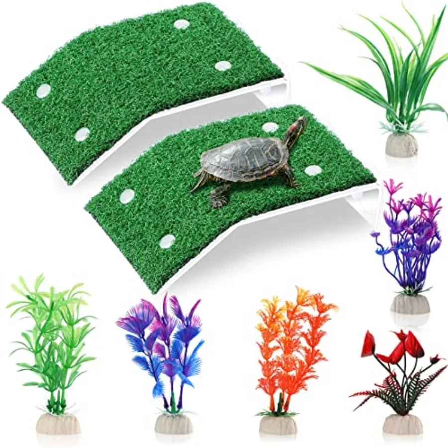 

2 Pcs Turtle Basking Platform Ramp Medium Tortoise Terrace Resting Ladder Simulation Lawn and 6 Pcs Artificial Plastic Aquarium