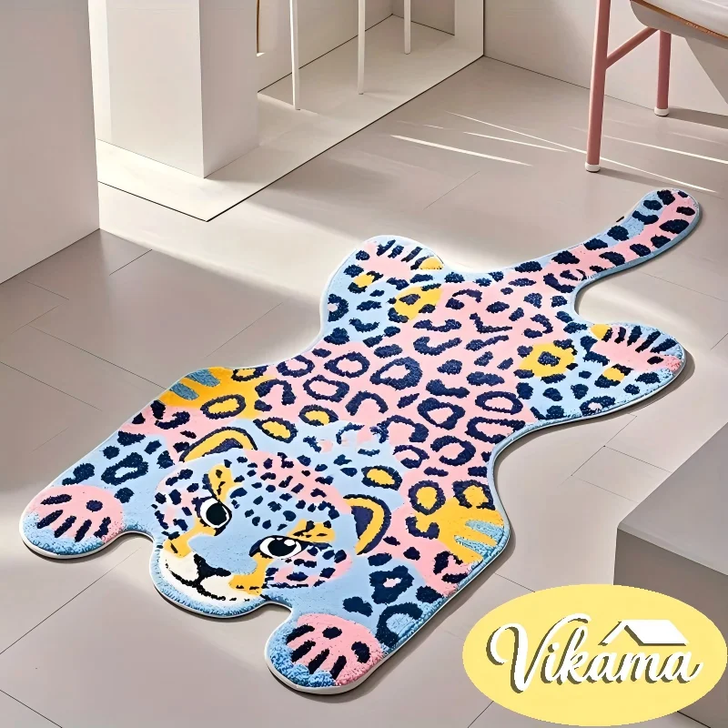 Pastel Pink Blue Cartoon Leopard Plush Rug, Cute Animal Shaped Non Slip Tufted Mat for Bedroom Children Room Decor