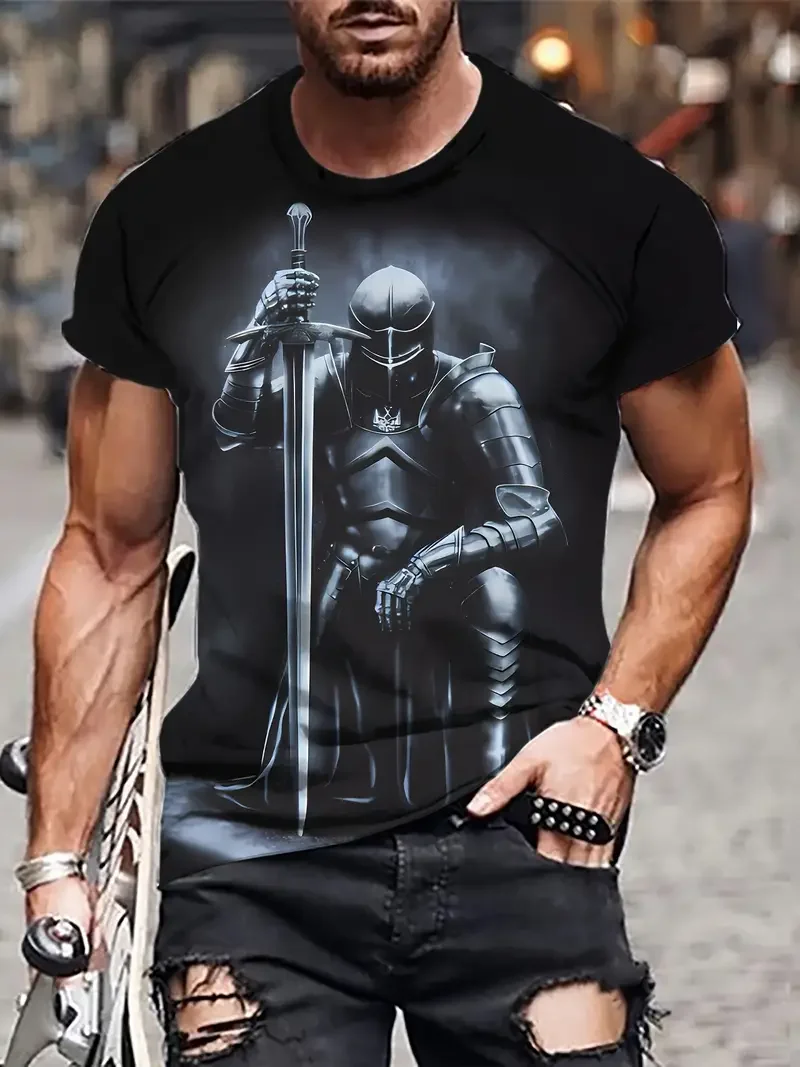 

Large size men's 3D Knight Graphic Print T-shirt Summer, stylish novelty men's short sleeve T-shirt, street style