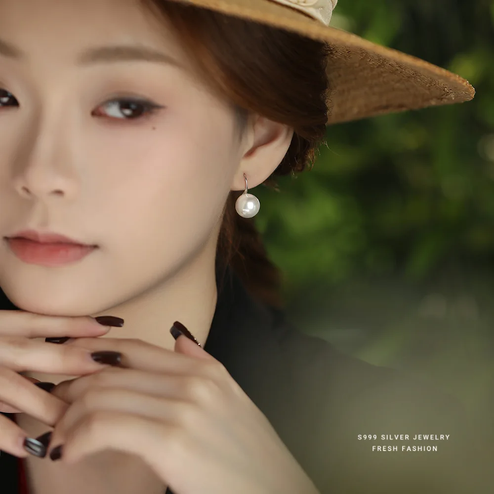 

Korean Elegant Temperament Round Pearl S999 Pure Silver Earrings Women Luxury Mother Birthday Gift Jewelry