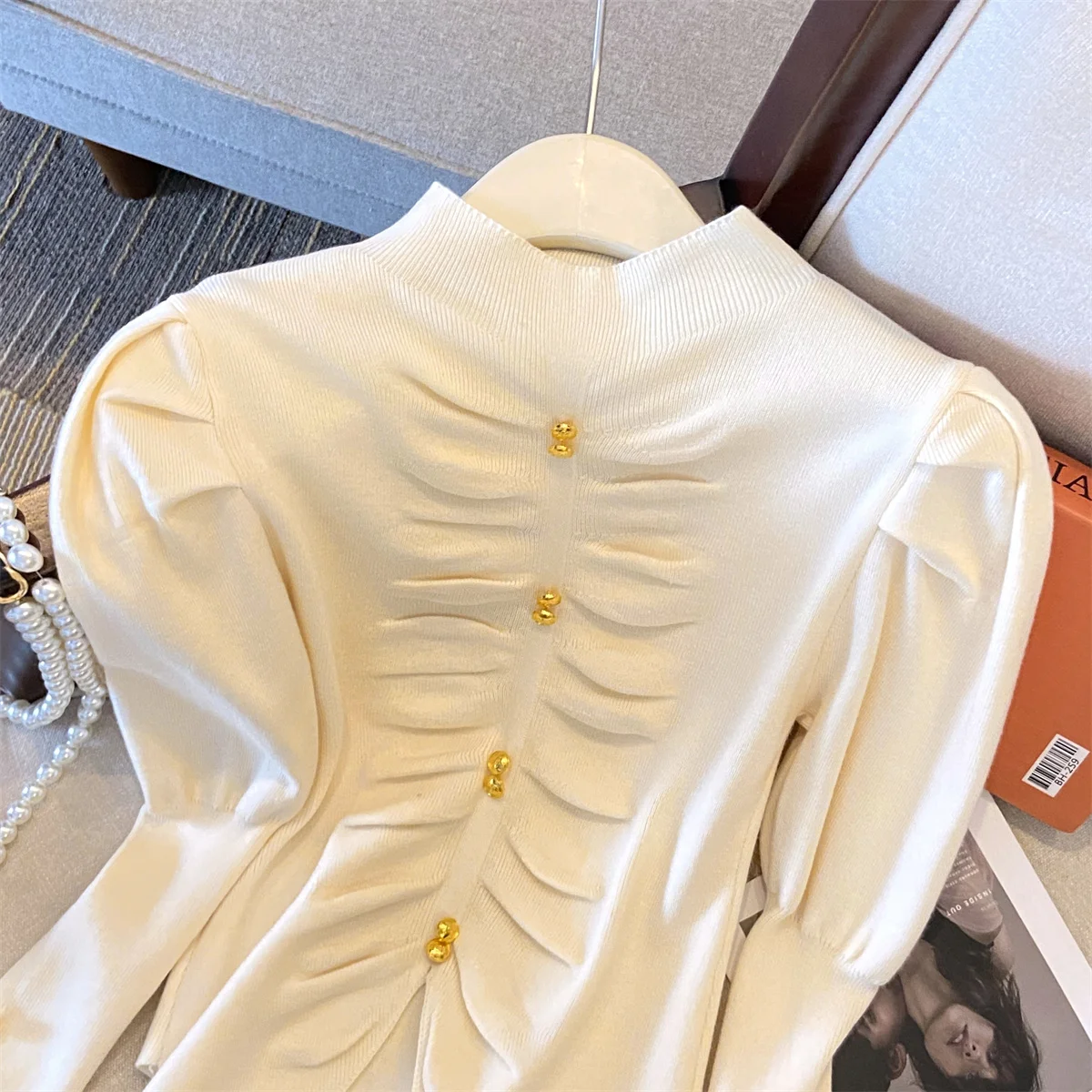 2024 Autumn Stylish Elegant Knit Sweater Tops Puff Sleeve Half High Collar Knitwear Slim Fit Fashion Chic Solid Ladies Jumpers