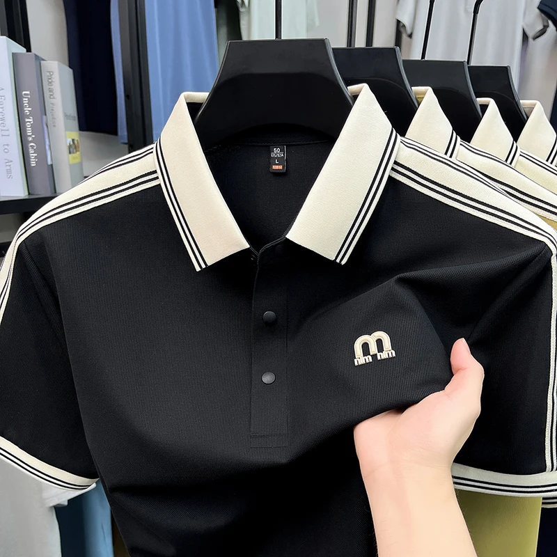 2026 New Men's Short Sleeved Lapel Polo Shirt Summer Breathable Contrasting Striped Business Casual Versatile Top