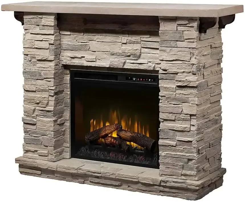 Featherston Electric Fireplace with Mantel Surround Package | Pine with Gray Stone-Look, Includes 28" Electric Firebox Heater