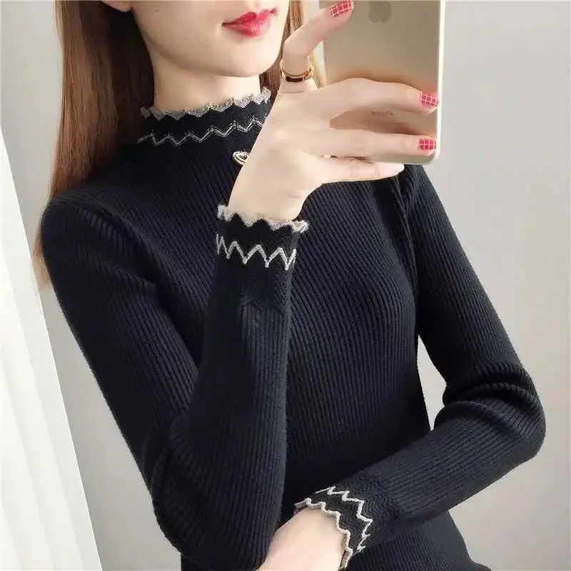 Women\'s Spring and Autumn New 2023 Fashion Half High Collar Lace Solid Color Long Sleeved Pullover Sweater Bottom Knitted Tops