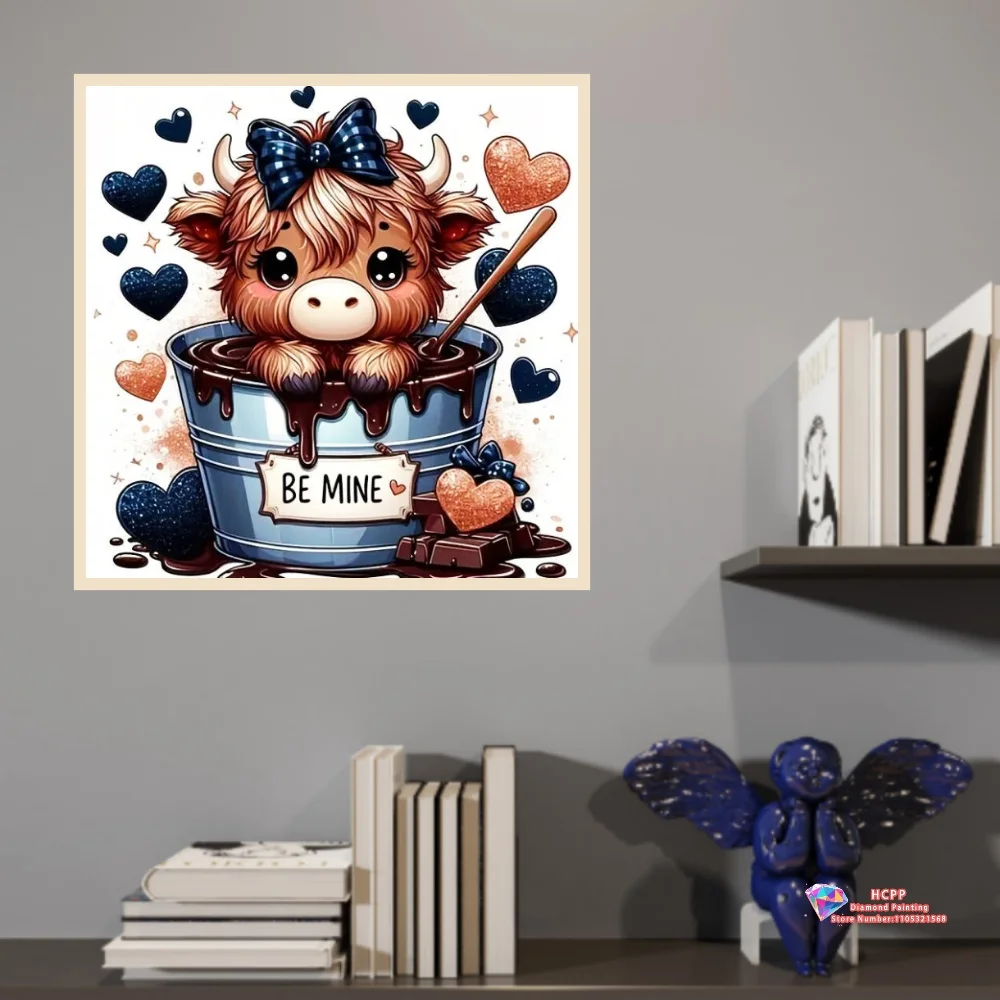 Highland Cattle Animal  Cow Love Heart 5D DIY Diamond Painting Set with Square and Round Diamonds Crafts Home Decor Gifts