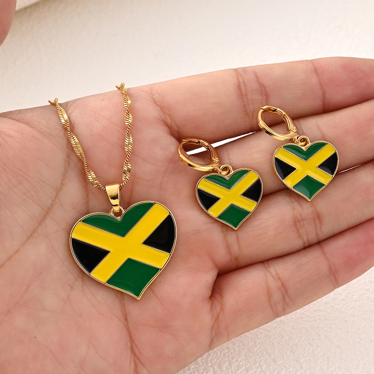 

Jamaica Flag Heart Pendant Necklaces and Earrings for Women Girls,I Love My Country,National Day