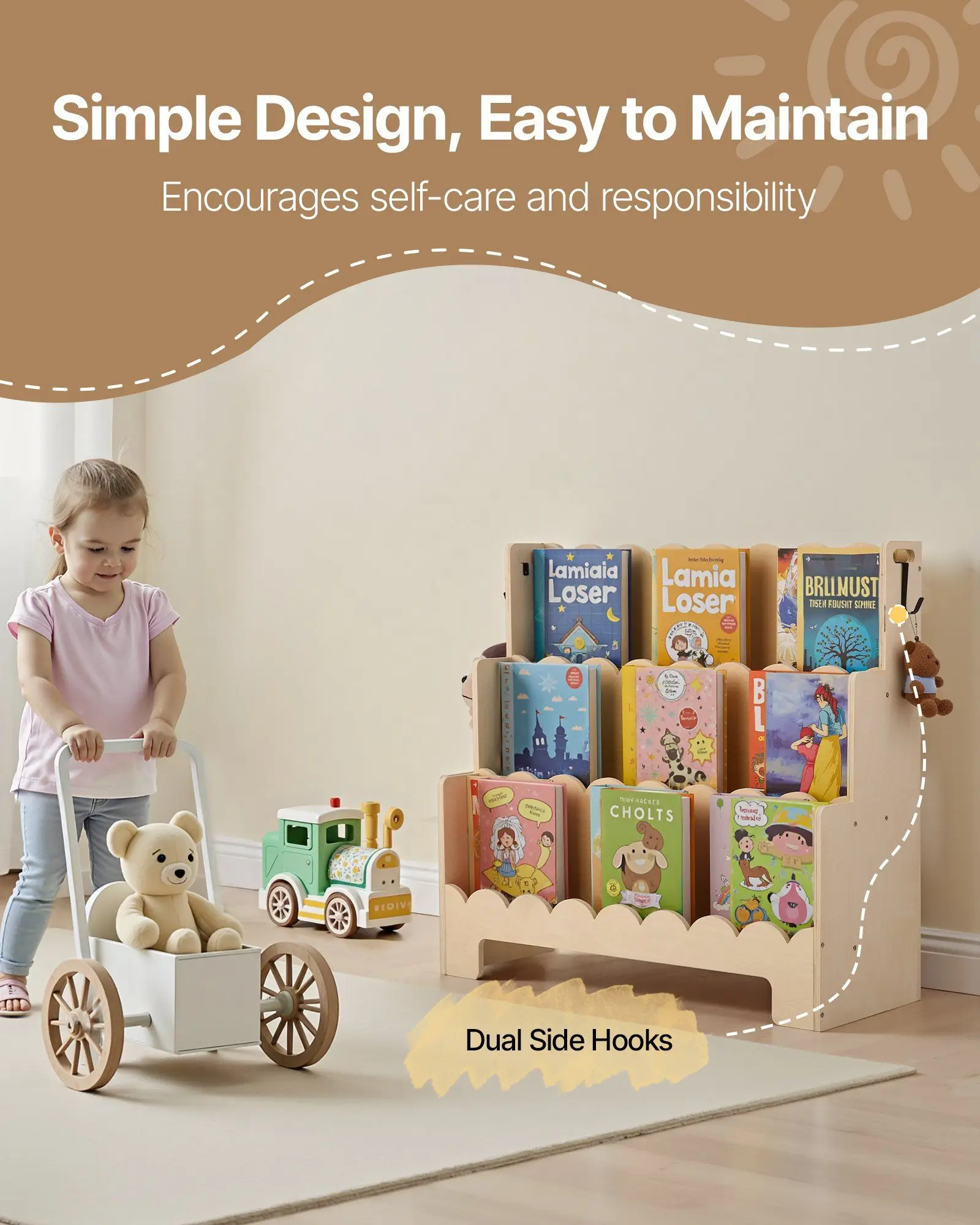 3段モンテッソーリ本棚、波型デザインの前面、幼児用本棚、子供部屋、保育園、幼稚園用のデュアルフック付き