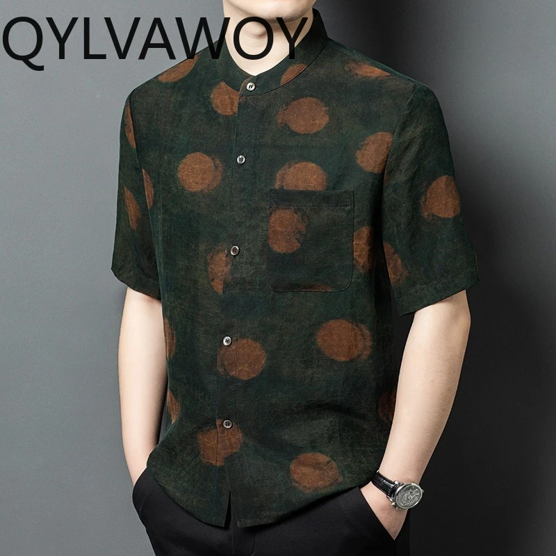 QYLVAWOY 100% Mulberry Silk Men's Shirts Stand Collar Shirt Loose Casual Shirts for Man Short Sleeve Man Shirts Chinese Style