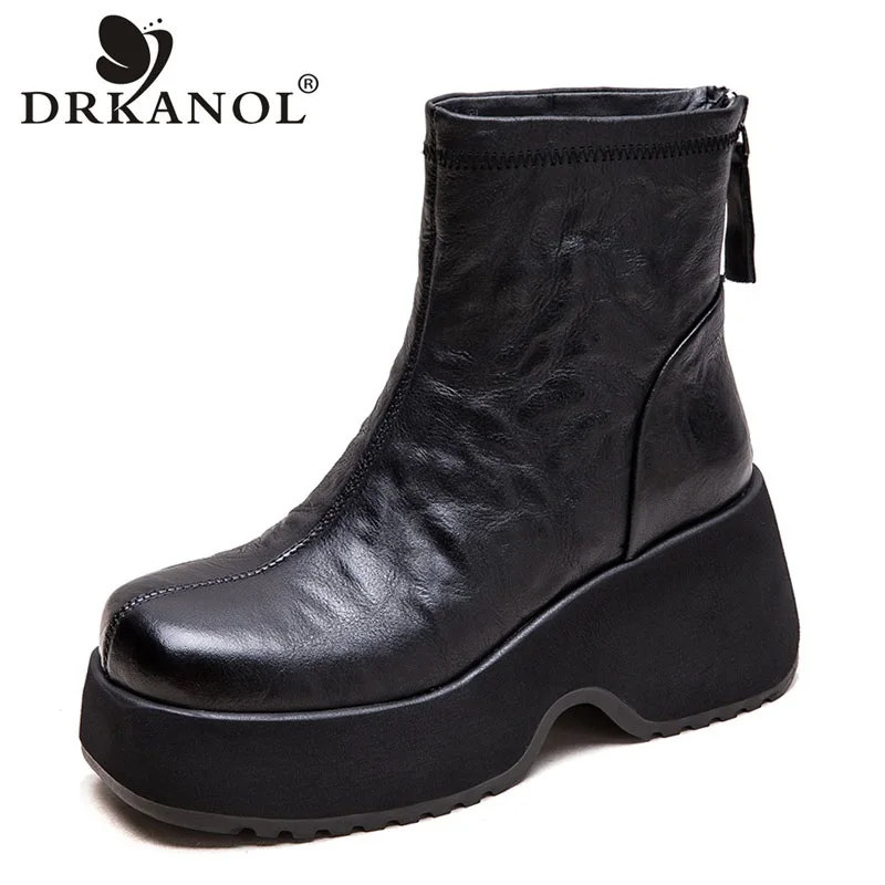 DRKANOL Handmade Retro Mid Calf Boots Women Winter Thick High Heel Chunky Platform Zipper Pleated Genuine Leather Warm Boots