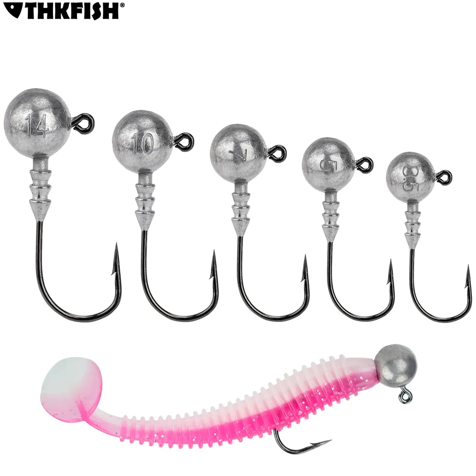 

THKFISH 10pcs Jig Head Hooks 3.5g 5g 7g 10g 14g Round Ball Lead Heads Soft Lure Worm Hook High Carbon Steel Jigs Fishhook