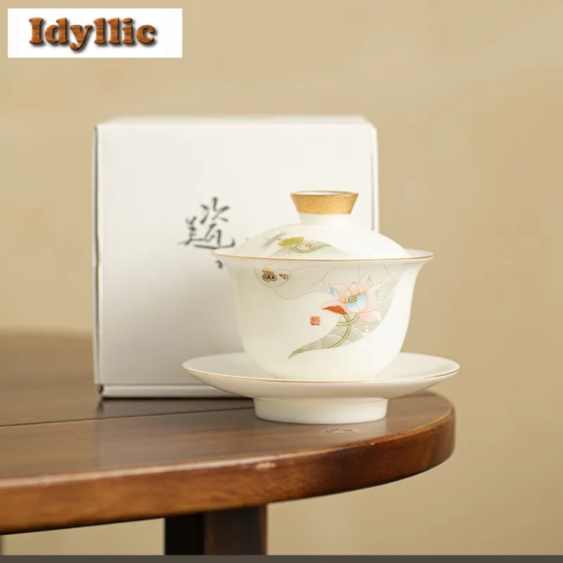 

200ml Mutton Fat Jade Lotus Gaiwan Ancient Tea Tureen Tea Bowl With Lid Kit Tea Making Cover Bowl Tea Items Supplies Craft Gift