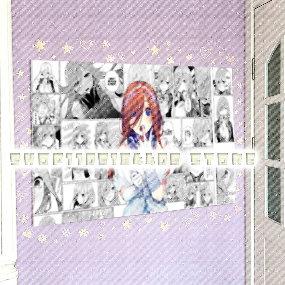 Color Monochrome Tapestry, Eye-Catching Colored Miku Nakano Portrait at Center, Grid-Style Black White Manga Expression Panels w