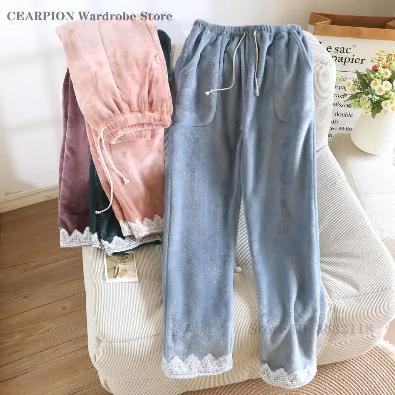 

Autumn Winter Coral Fleece Women's Sleeping Pants Nightwear Thicken Warm Home Clothes Sleep Bottoms Loose Casual Pajamas Trouser