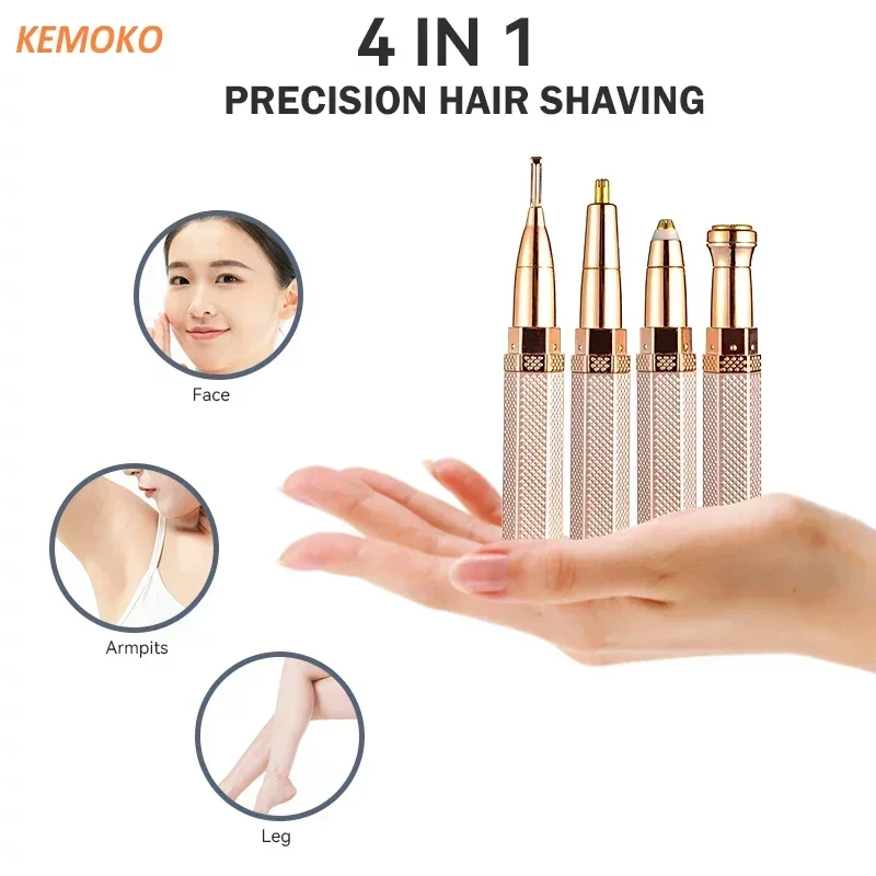 4 In 1 Lipstick Shaver Painless Mini Hair Removal Shaver Electric Nose Hair Epilator Face Armpit Hair Remover Eyebrow Trimmer