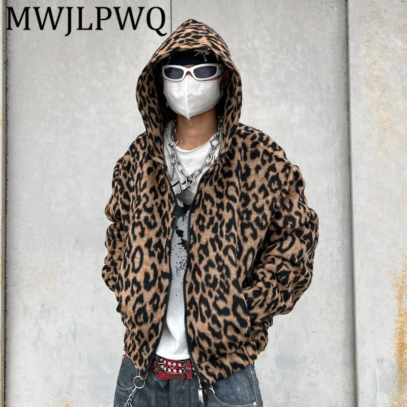 

MWJLPWQ Зимнее хлопковое пальто с леопардовым принтом в американском стиле High Street с капюшоном, мужские повседневные топы высокого класса в стиле хип-хоп, модные 12519