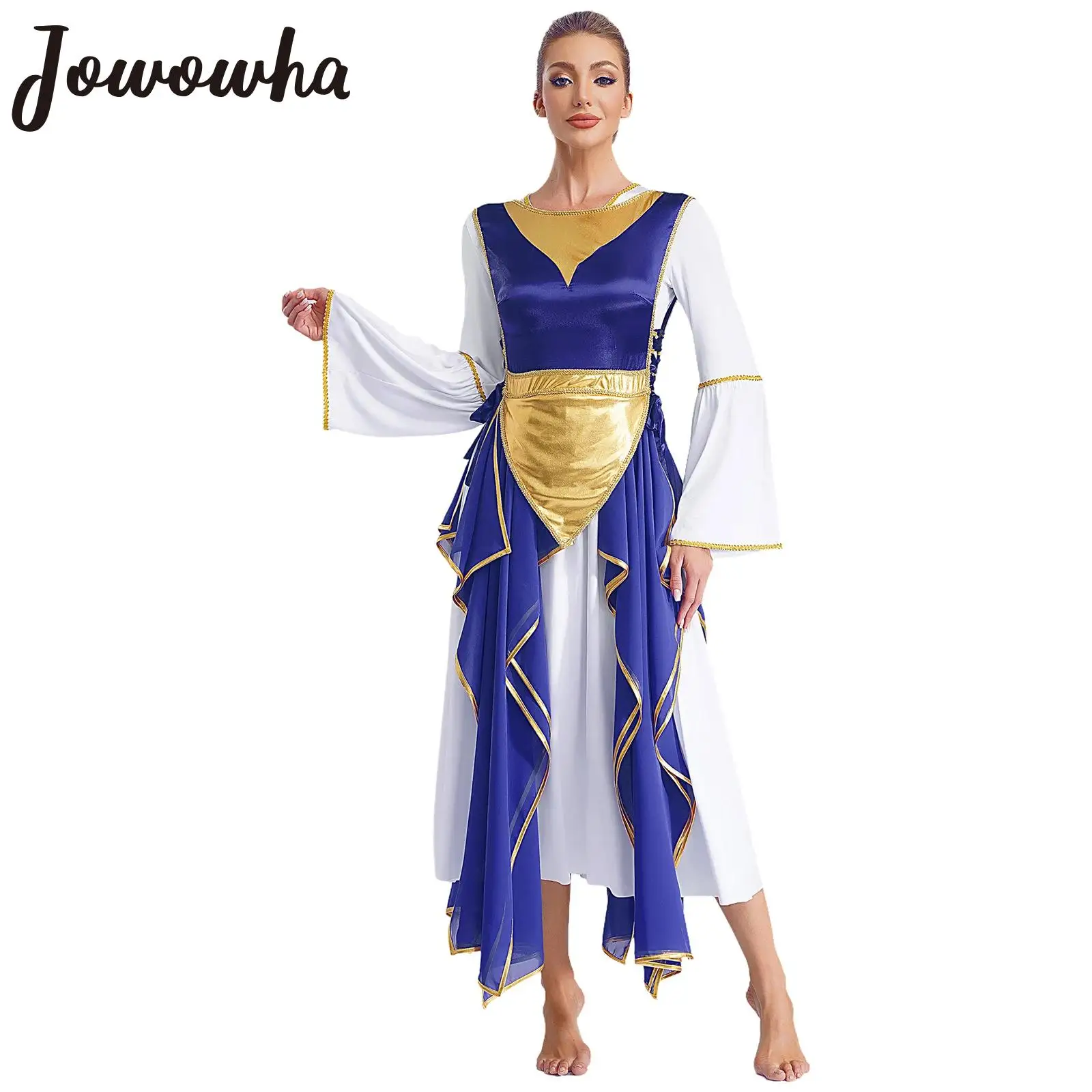 Womens Lof Lyrische Dans Kostuum Koor Kerk Aanbidding Liturgische Prestaties Dancewear Zijkanten Split Lace-up Tuniek Jurk Jurk