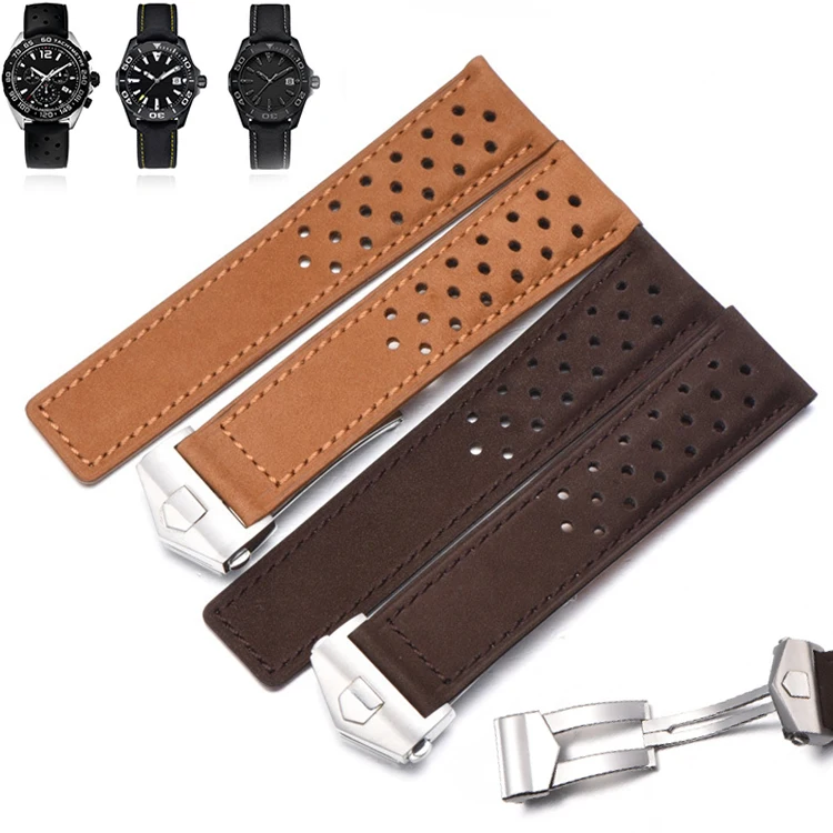 20mm 22mm Top Quality Soft Genuine Cow Leather Watchband for TAG for HEUER CARERA AQUARACER Monaco F1 Strap Frosted Fold Buckle