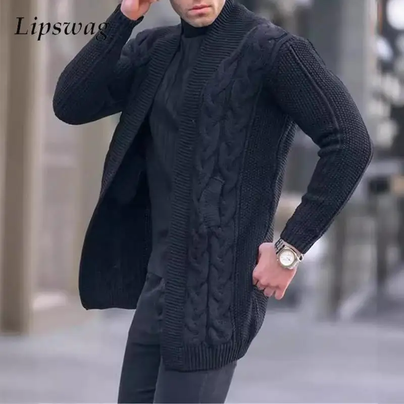 

Autumn Winter Knitting Sweater Mens Cardigan Tops Vintage Jacquard Solid Color Coats Men Fashion Long Sleeve Slim Knit Sweaters