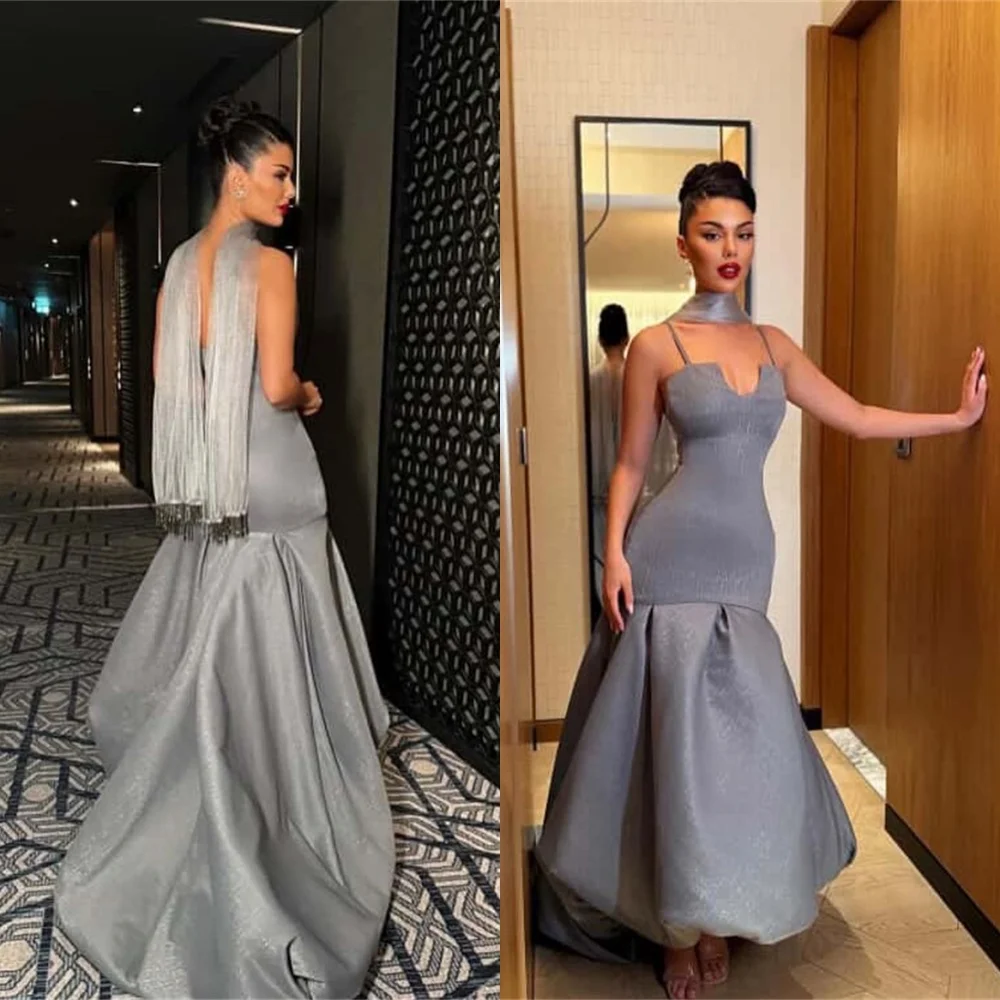 Customized Exquisite silver Satin Evening Dress Delicate Strapless Spaghetti Straps Cocktail Dress Modern Special Occasion Gowns