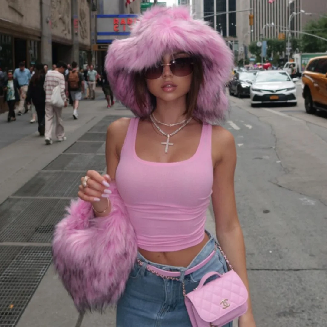 Luxury Fluffy Women Faux Fur Bucket Hats Oversized 17cm Wide Brim Thicken Outdoor Warm Plush Punk Hat Girl Y2k Female Ski Panama