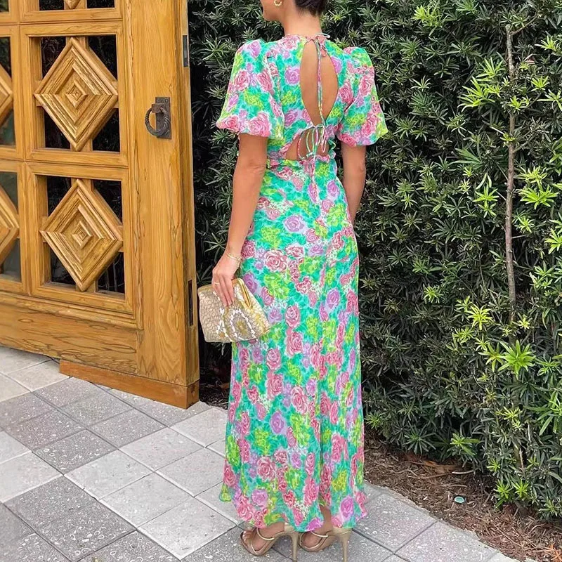우아한 백리스 할로우 레이스 업 롱 드레스 섹시한 v 넥 하이 웨이스트 보헤미안 드레스 패션 플라워 프린트 퍼프 슬리브 파티 드레스