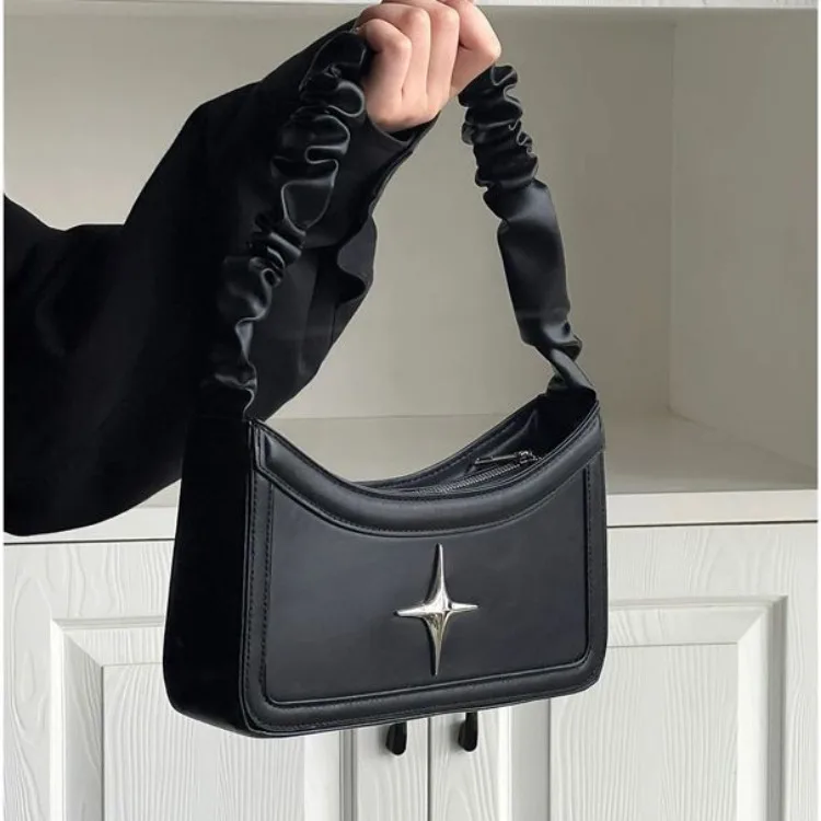 Vintage Pleated Star Black Women\'s Handbags Fashion Simple Trendy Shoulder Crossbody Bag Korean Y2k Girls Casual Top-Handle Bags