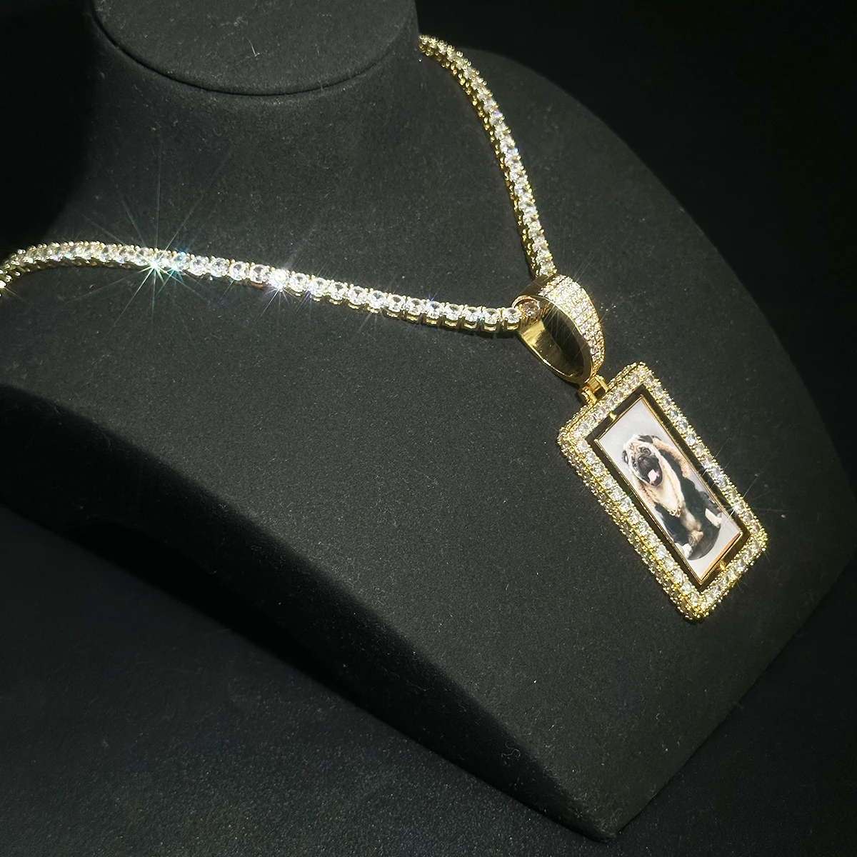 Aokaishen Custom Dogtag Memory Picture Spinner Pendant Gold Color One Row Zircon Square Frame Necklace Chain Men Women Hip Hop J