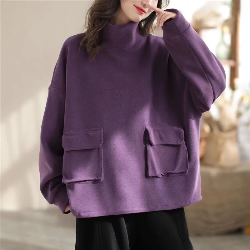 

New 2024 Autumn Winter Hoodie Warm Bottoming Fashion Women Solid Color High Neck Thick Casual Wearing Outside Pullover Coat