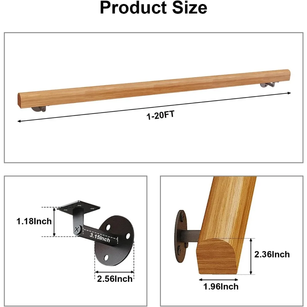 درابزين درج من الخشب الصلب بطول 4 أقدام، داخلي وخارجي، مثبت على الحائط، غير قابل للانزلاق، تصميم آمن لكبار السن والعائلات #4