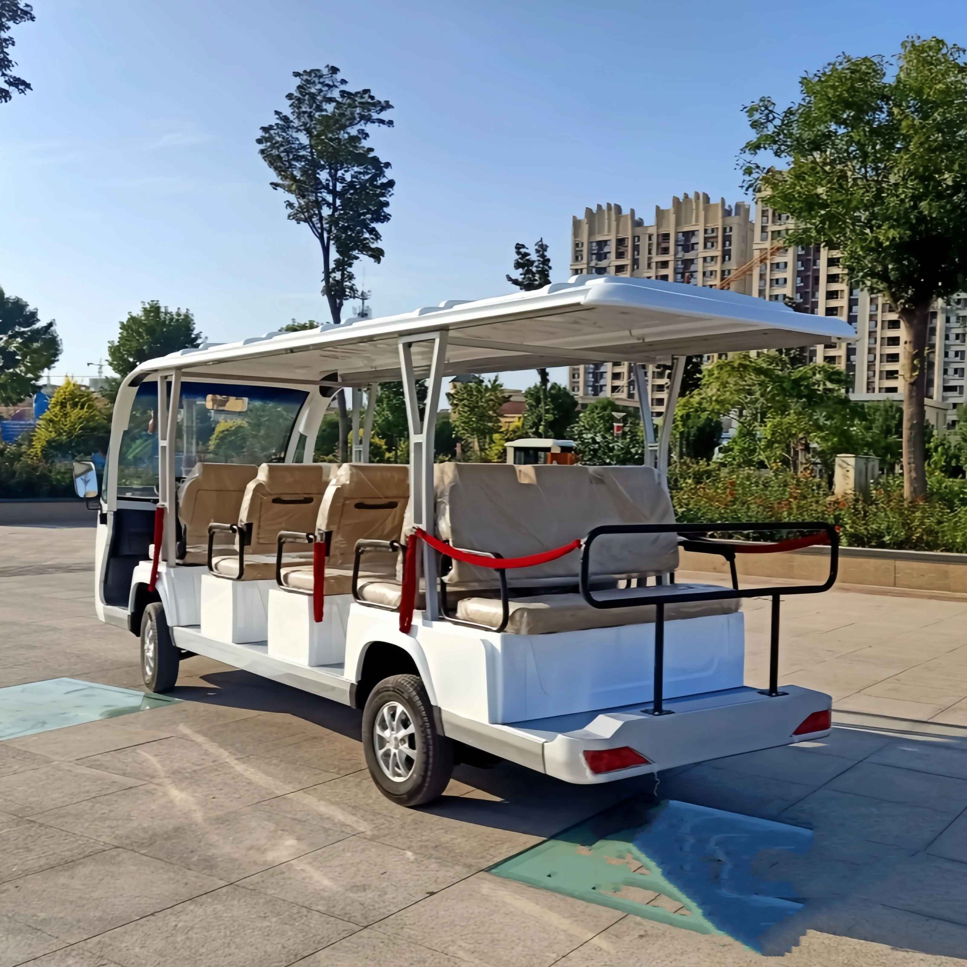 حافلة لمشاهدة معالم المدينة الكهربائية عالية الجودة، حافلة مكوكية للسفر الكهربائية ذات 14 مقعدًا CE، يمكن تجهيزها بألواح شمسية بالجملة