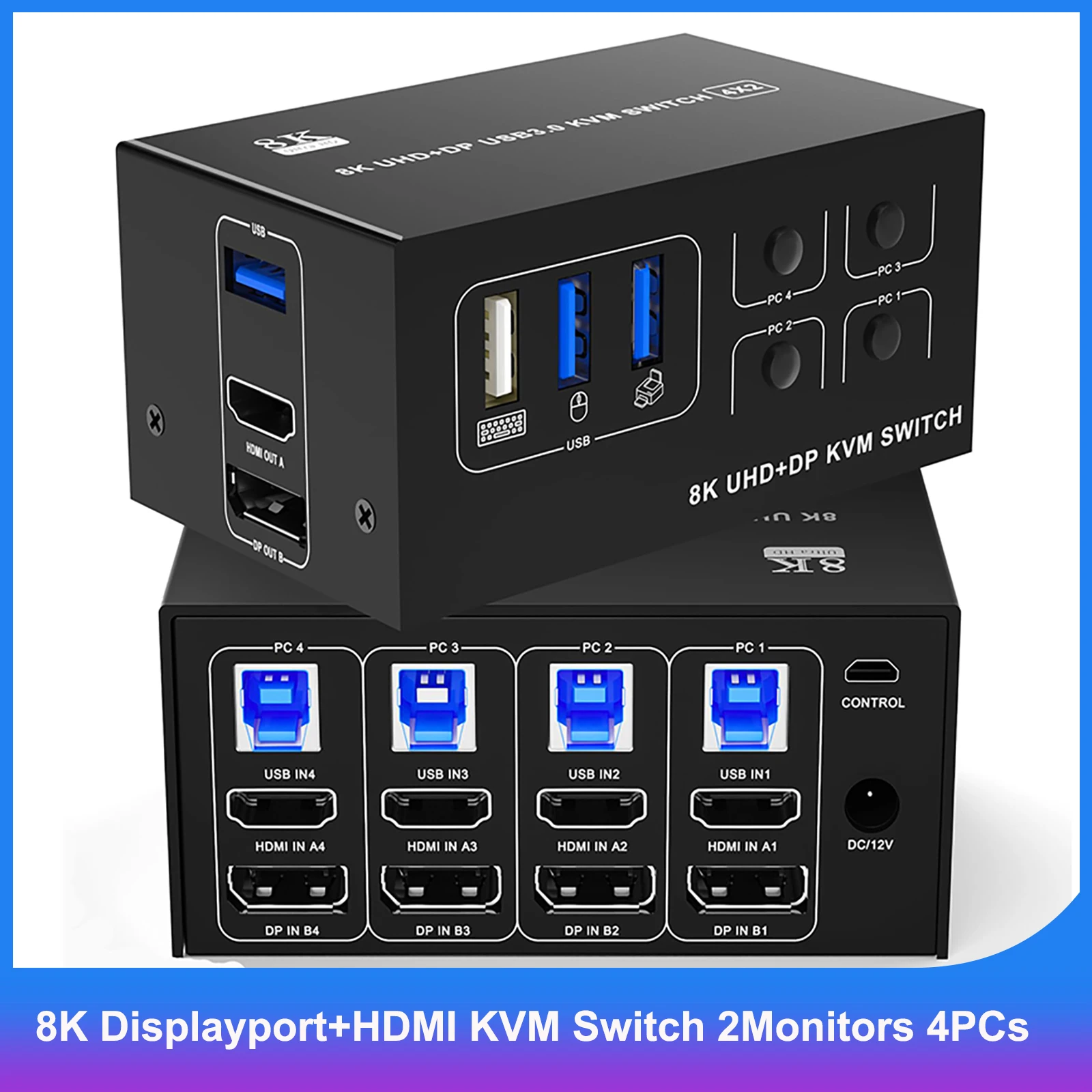 

8K@60Hz Displayport+HDMI 2 Monitors 4 Computers USB 3.0 KVM Switch, 5Gbps DP1.4 + HDMI2.1 Dual Monitor KVM Switch 4 Port