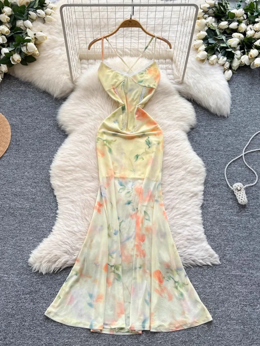 Foamlina elegante encaje Patchwork Floral malla Maxi vestido 2025 novedad de verano puro deseo chica caliente francés dulce encaje Sling vestidos