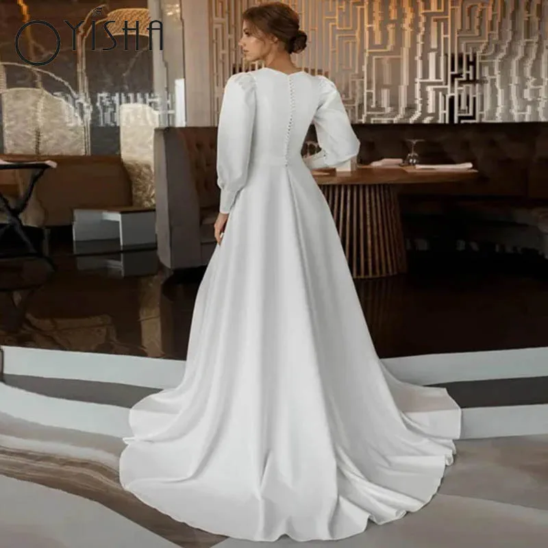 OYISHA abito da sposa da sposa musulmano Puff maniche lunghe o-collo in raso stile moderno a-line Sweep Train Robe De Mariée 2024 Bridal