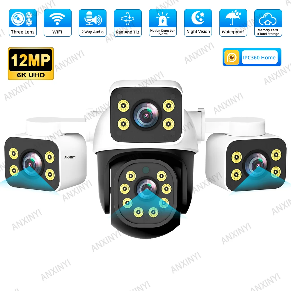 6K 12MP IPC360 المنزل واي فاي ثلاثة شاشة ثلاثة عدسة Ai إنذار الحركة كاميرا فيديو حماية الأمن مراقبة مقاومة للماء