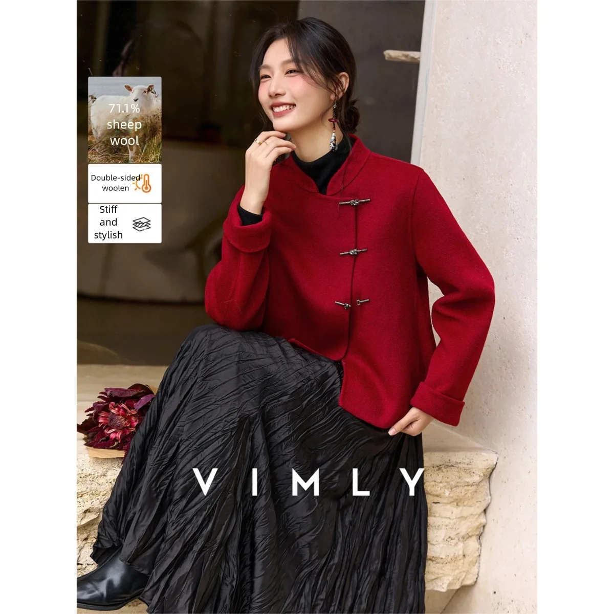 

VIMLY простые женские зимние пальто 2025 в китайском стиле, однотонное шерстяное пальто с воротником-стойкой, двустороннее толстое женское пальто 50875