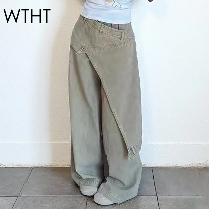 

WTHT Trendy Women's Irregular Patchwork Fake Two-piece Straight Jeans 2025 Autumn Fashion High Waist Denim Pants Female 1LS2480