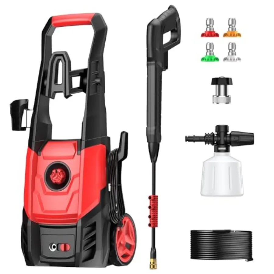 

Electric pressure washer for cars driveways fences patios home cleaning; ABS plastic body; black/gray; 2.5 GPM foam cannon 4 qu