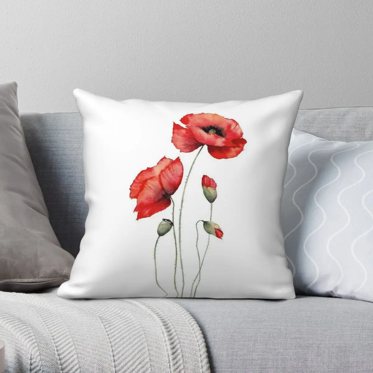 Red Poppies Watercolor Square Pillowcase Polyester Linen Velvet Printed Zip Decorative Throw Pillow Case Home Cushion Cover