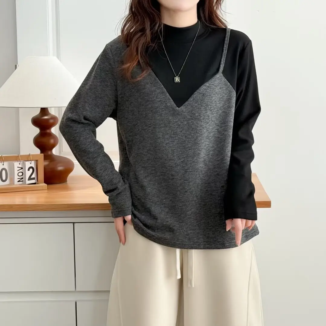 

XXXXL модная женская одежда больших размеров, футболка с воротником-стойкой, зимние новые теплые топы с длинными рукавами и матовым блоком, 8653