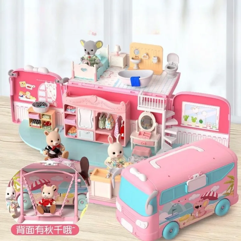 

Koala Tour Bus Dollhouse Miniature Diary Pretend Play House Kids Toys Doll House Accessories And Furniture Set Villa Girls Gifts