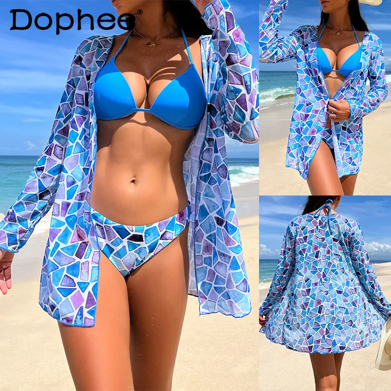 

Spring Summer New Micro Bikini Swimsuit Women Printed Mesh Sun Protective Shirt Bikini Push Up Three-Piece Set Sexy Bathing Suit