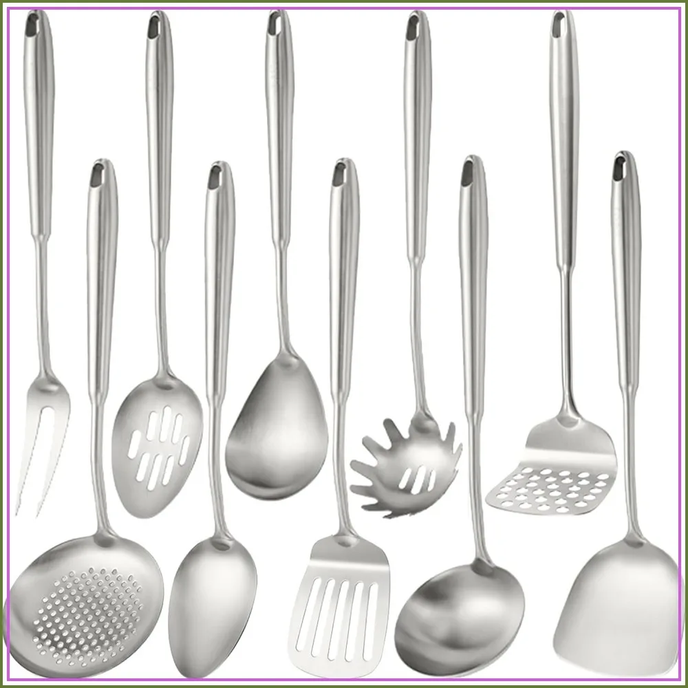 

10-Piece Stainless Steel Kitchen Utensil Set: Potato Masher, Solid Spoon, Slotted Spoon, Fork, Spatula, Ladle, Skimmer, Slotted Spatula, Turner, Spaghetti Spoon