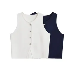 Women Short Tank Top Spring Summer Sleeveless Sexy V Neck Button Knitted Casual Woman Top