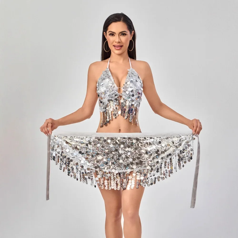 

Женский сексуальный костюм для танца живота с блестками и кисточками, яркое блестящее сетчатое платье для выступления на сцене, свежая тема в европейском стиле