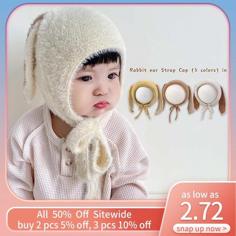 

Winter Warm Baby Plush Beanies Long Ears Rabbit Infant Earmuffs Cap Cartoon Bunny Children Pullover Caps Velvet Kids Knitted Hat