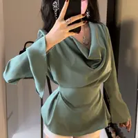 Silk Satin Basic Blouse Women Luxury Elegant Flare Long Sleeve Shirt Lady Bandage Tunic Top Korean Office Casual - Image 3