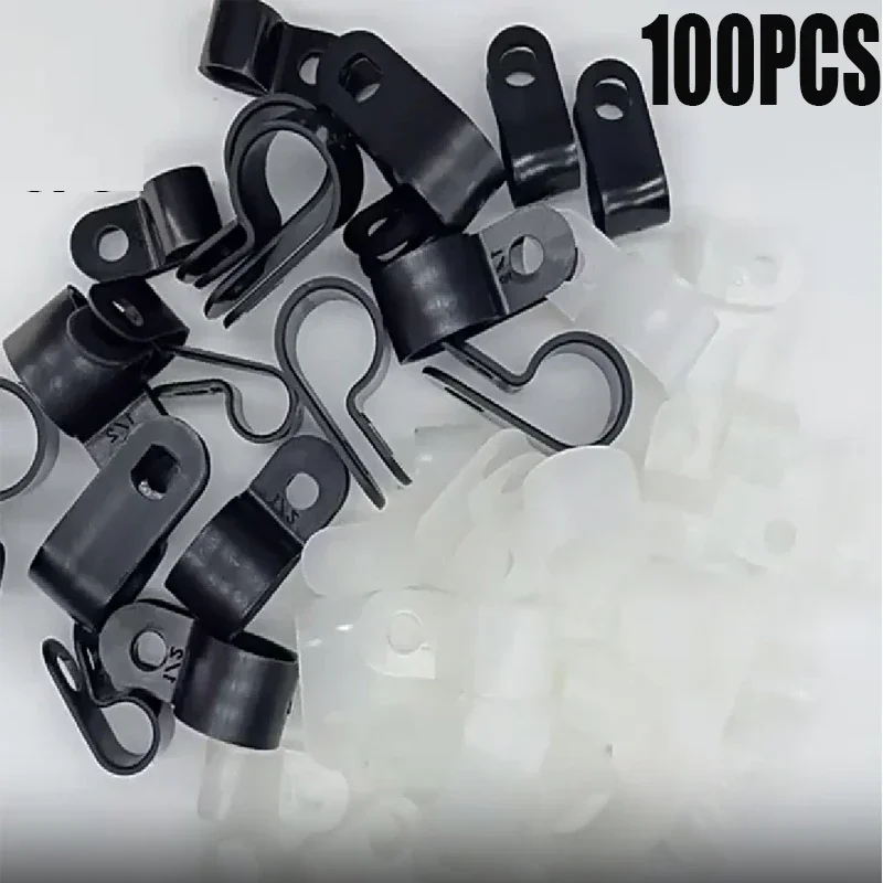 

100PCS Plastic P Clips Black Hose Fasteners Cable R-Type Nylon Cable Clamp Mounting Fix Hardware Electrical Fittings Cable Clips