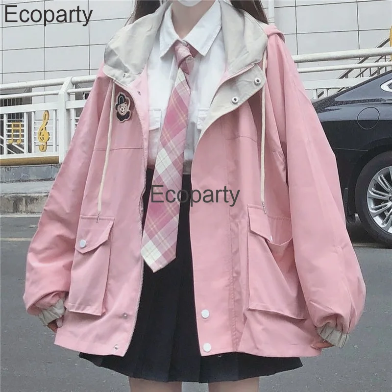 2023 Japanese Kawaii Jacket For Women Autumn Autumn Pink Preppy Style Oversized Hooded Coat Korean Fashion Casual Outwear Girls