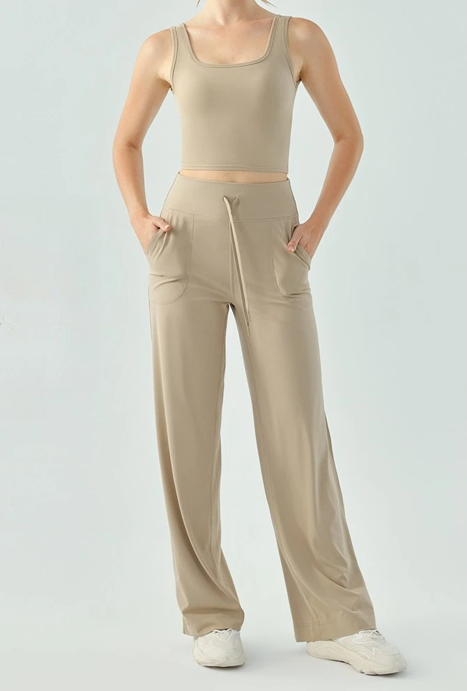 

Women Yoga Two Pieces Tracksuit Back Cross Straps Tank Top+Long Loose Drawstring High Waist Pants Breathable Soft Fitness Sets