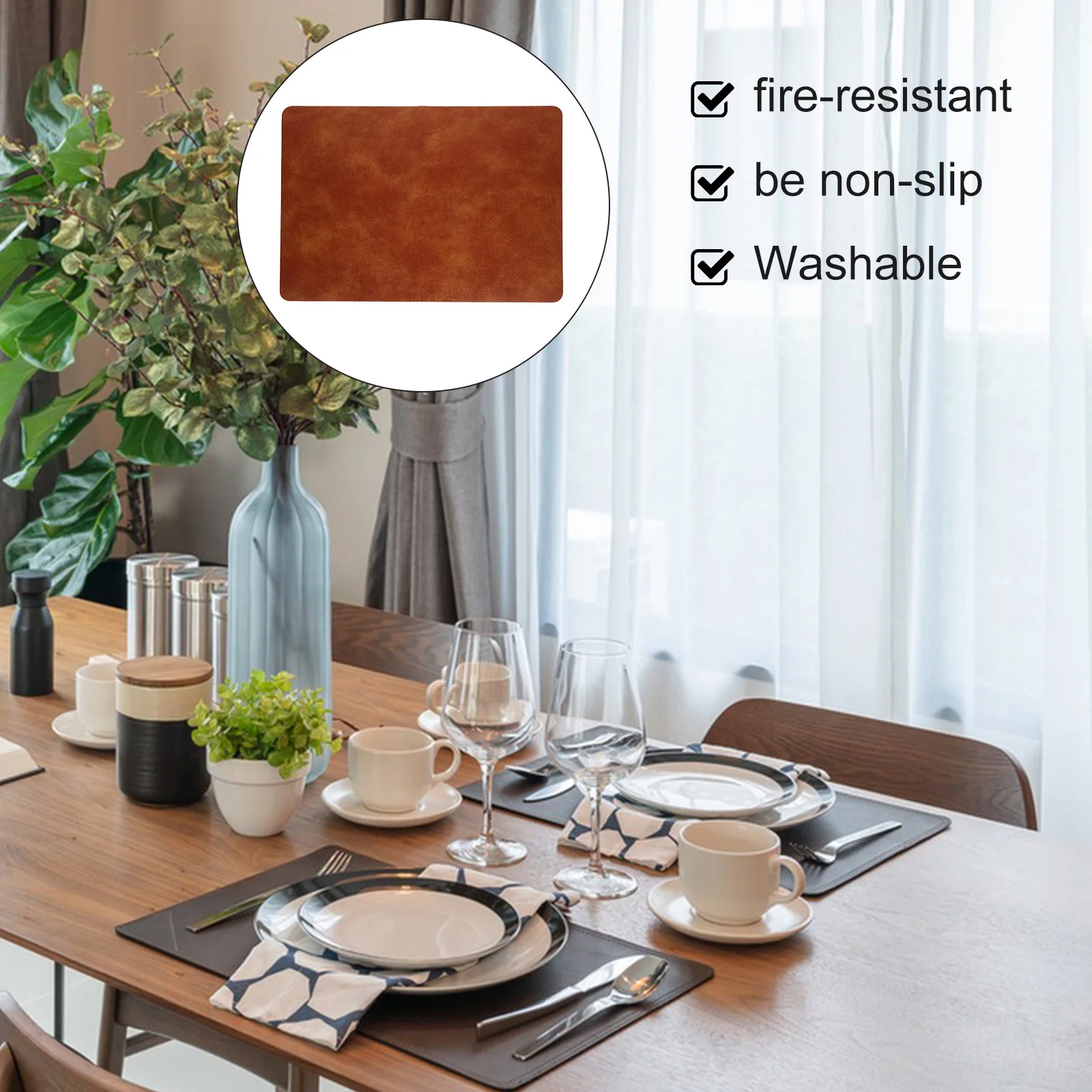 

Non Slip Heat Insulation Mat Rectangular PU Placemat Brown Color Anti Slip Table Mat Place Mats for Dining Decor